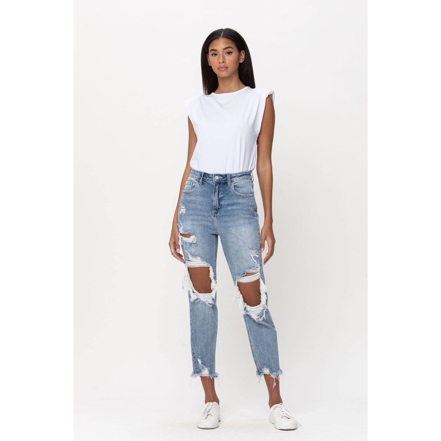 INDIGO FRAYED HIGH WAIST JEANS