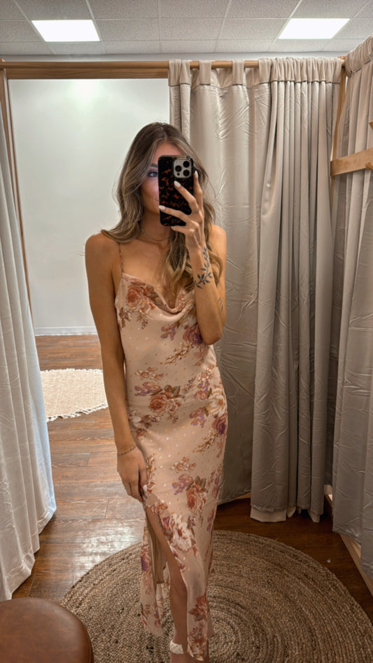 CELESTIAL COWL NECK MIDI SLIP DRESS