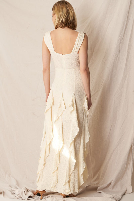 GOSSAMER CORSET RUFFLE MAXI DRESS
