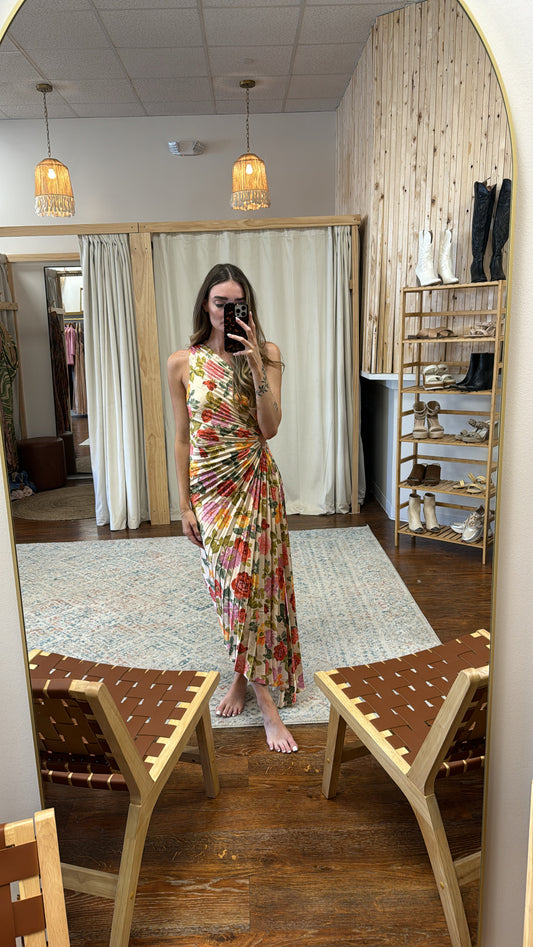 GARDEN PARTY ASYMMETRICAL PLEATED MAXI DRESS