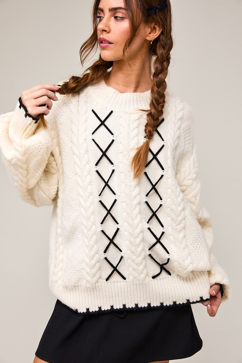 CRISS CROSS CABLE KNIT SWEATER