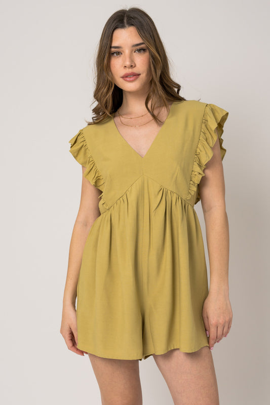 CHARTREUSE RUFFLE SLEEVE ROMPER