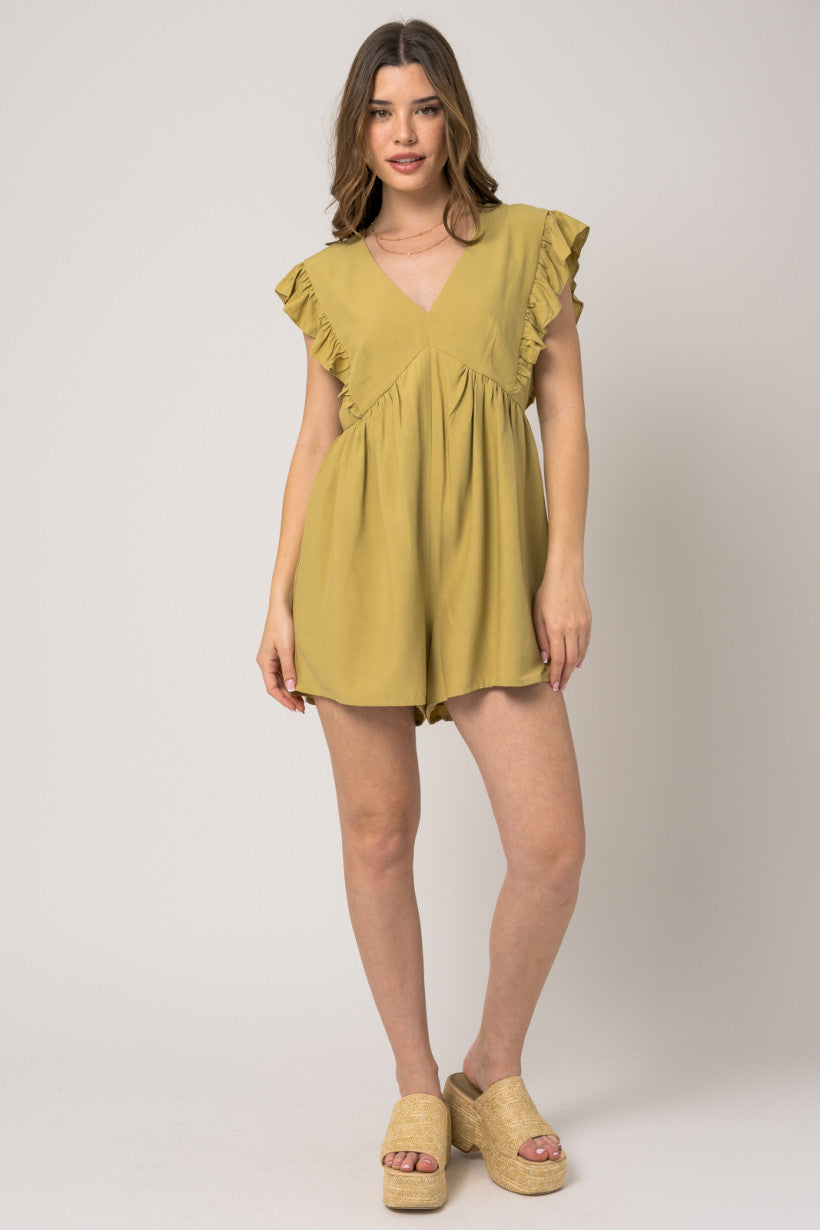 CHARTREUSE RUFFLE SLEEVE ROMPER