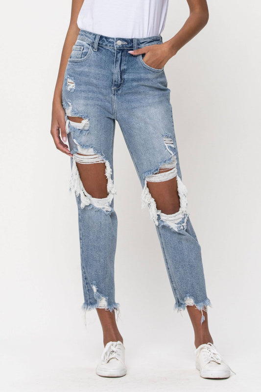INDIGO FRAYED HIGH WAIST JEANS