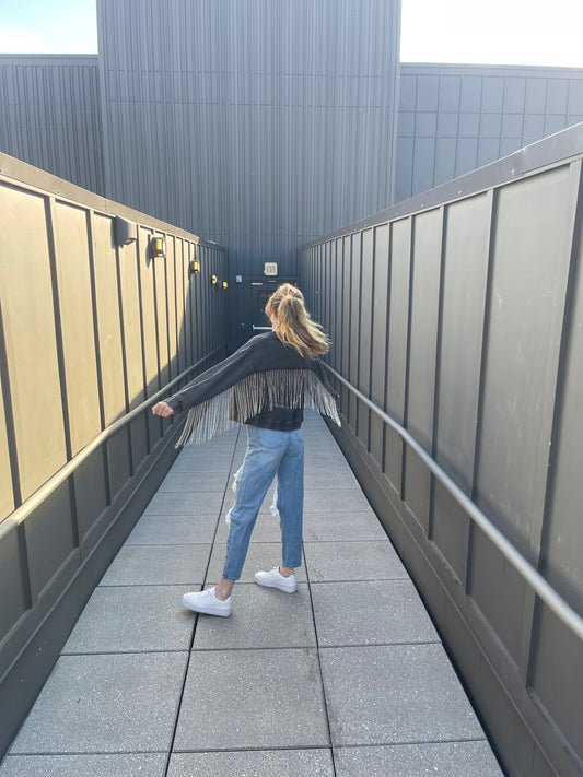 MEGAN RHINESTONE FRINGE DENIM JACKET