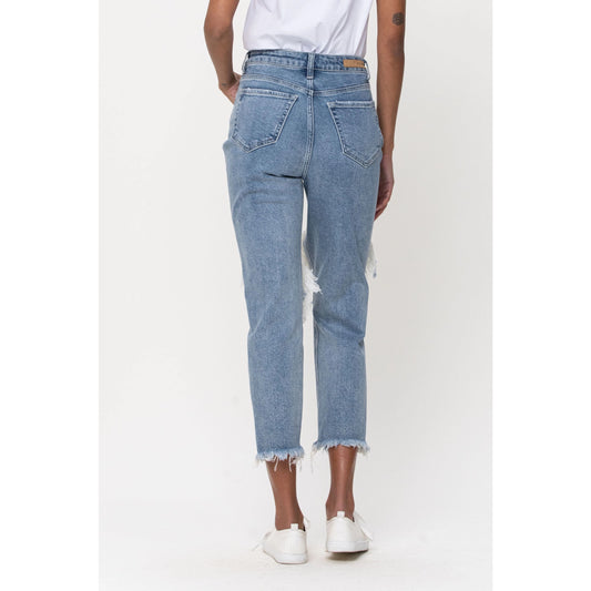 INDIGO FRAYED HIGH WAIST JEANS